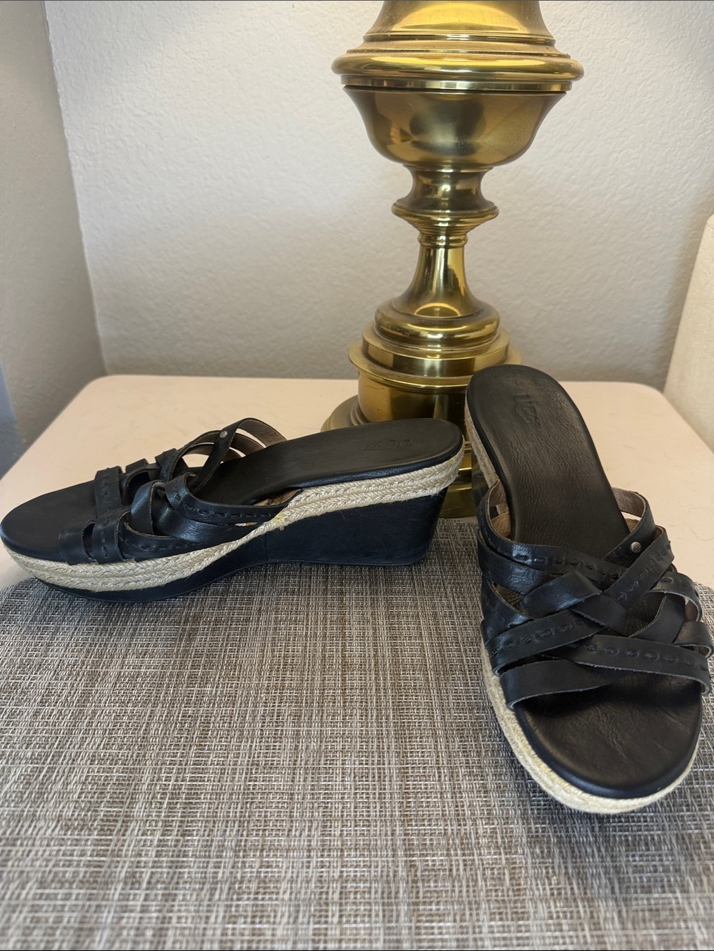 UGG Black Leather Espadrille Wedge Slide Sandals